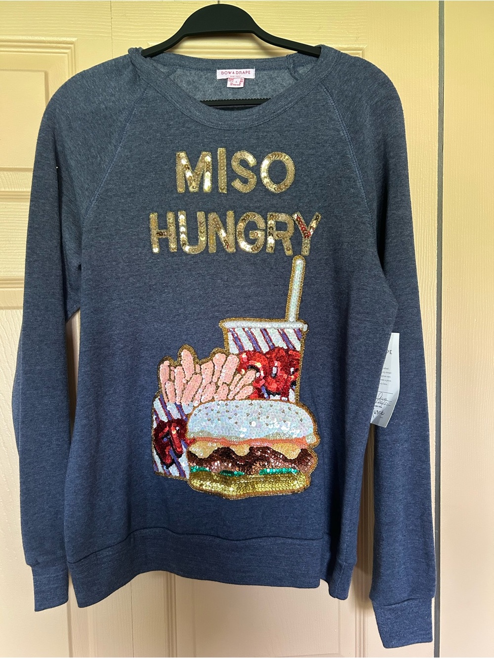NWT Bow & Drape Navy 'MISO HUNGRY' Sequin Food Graphic Sweatshirt